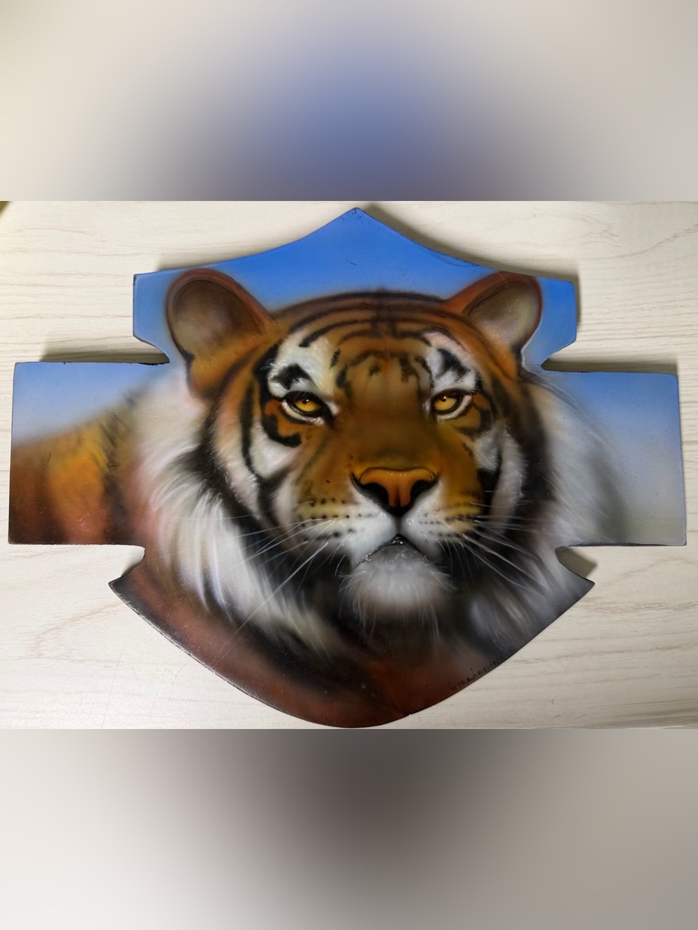 Hand-Painted Blue & Orange Tiger Wall Plaque - Bold Wildlife Art Harley Davidson